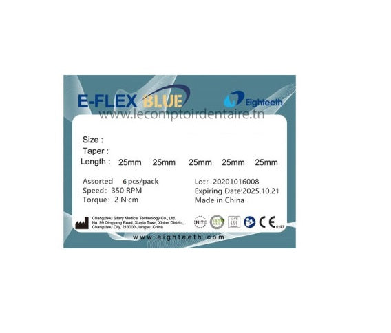 LIMES MECANISEE E-FLEX BLUE N°25/04 L25MM (PLAQUE DE 6 LIMES) - EIGHTEETH
