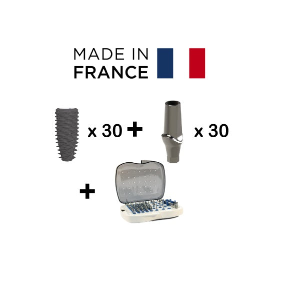 30 x IMPLANTS + 30 x PILIERS (DROITS ET/OU ANGULES) + TROUSSE