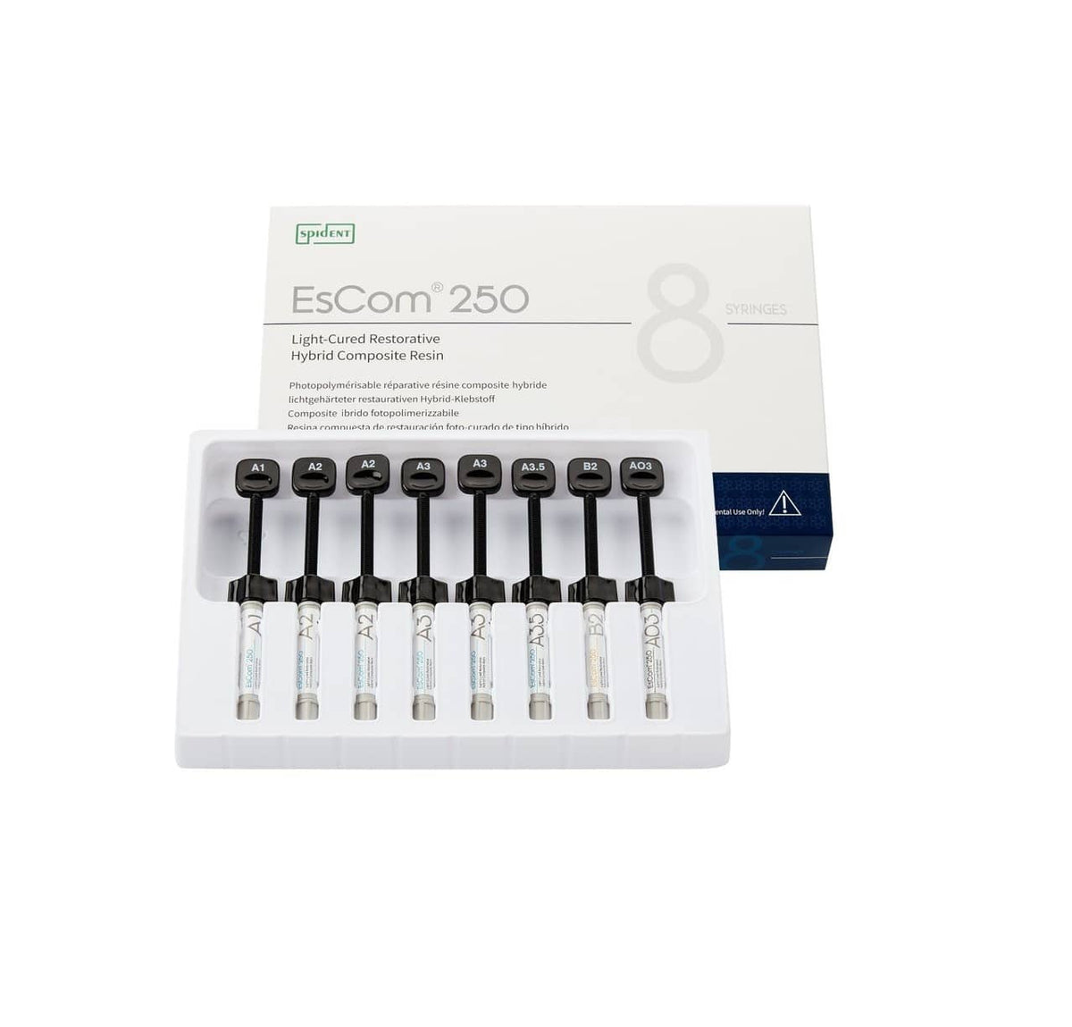 COFFRET RESINE COMPOSITE CHARGE EN SILICATE DE ZIRCONIUM 8 SERINGUES ESCOM 250 - SPIDENT - SPIDENT