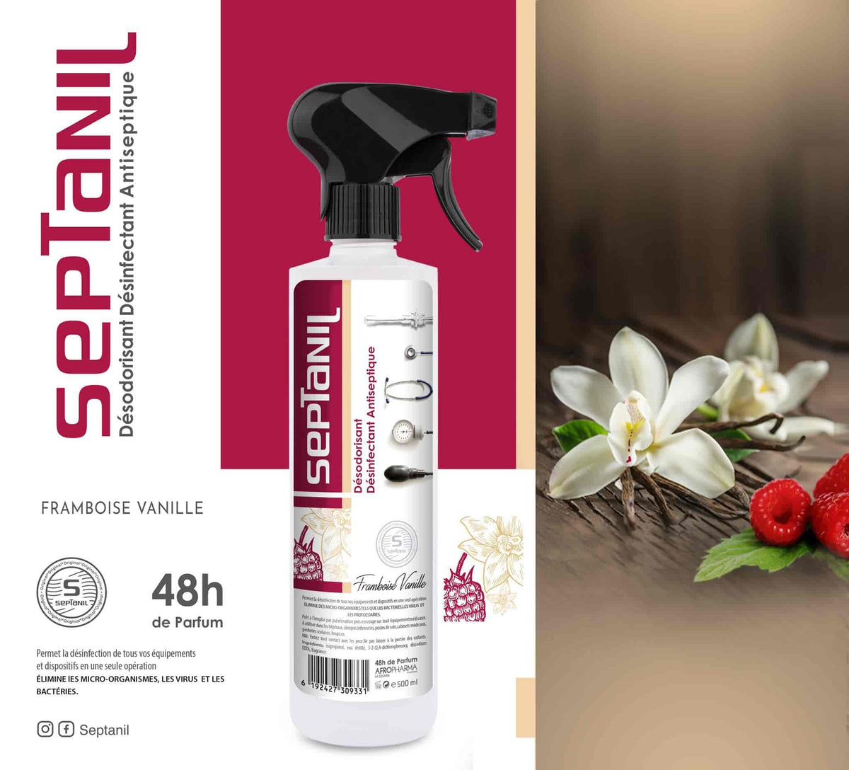 DESINFECTANT DESODORISANT ASEPTIQUE "FRAMBOISE VANILLE" 500ML SEPTANIL - SEPTANIL