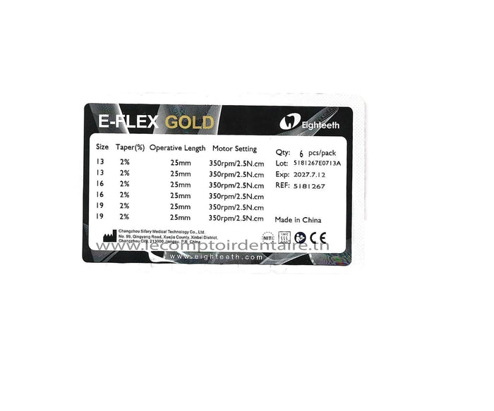 ASSORTIMENT DE LIMES MECANISEE 2% E-FLEX GOLD (PLAQUE DE 6 LIMES) - EIGHTEETH